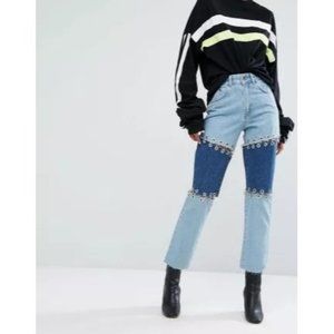 The Ragged Priest Premium Patchwork Jeans With Piercings Blue Women’s Size 26